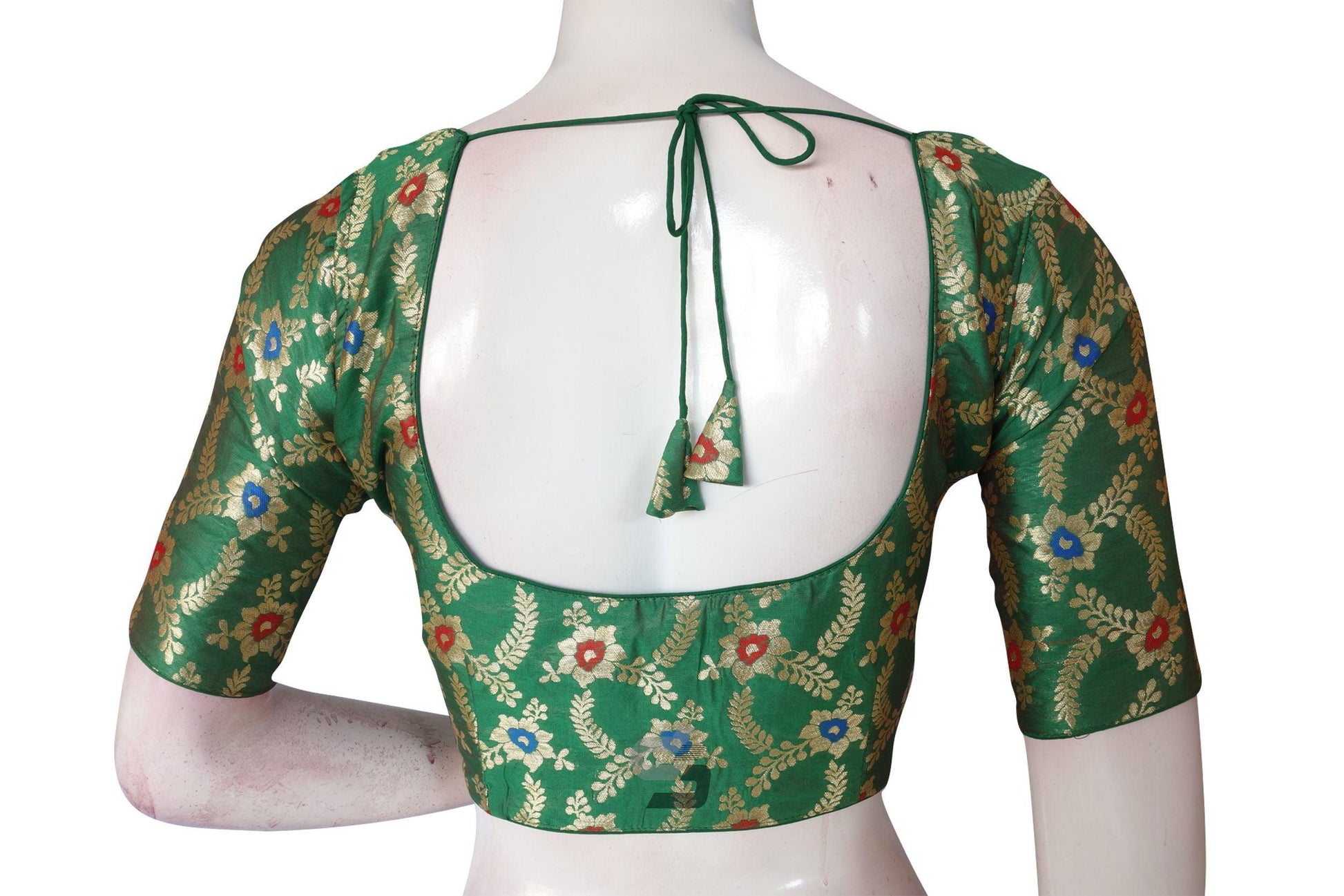 Green Color Banaras Brocade Silk Readymade Saree Blouse With Matching Mask - D3blouses