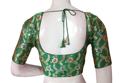 Green Color Banaras Brocade Silk Readymade Saree Blouse With Matching Mask - D3blouses