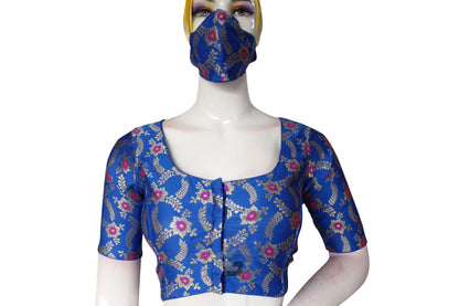 Blue Color Banaras Brocade Silk Readymade Saree Blouse With Matching Mask