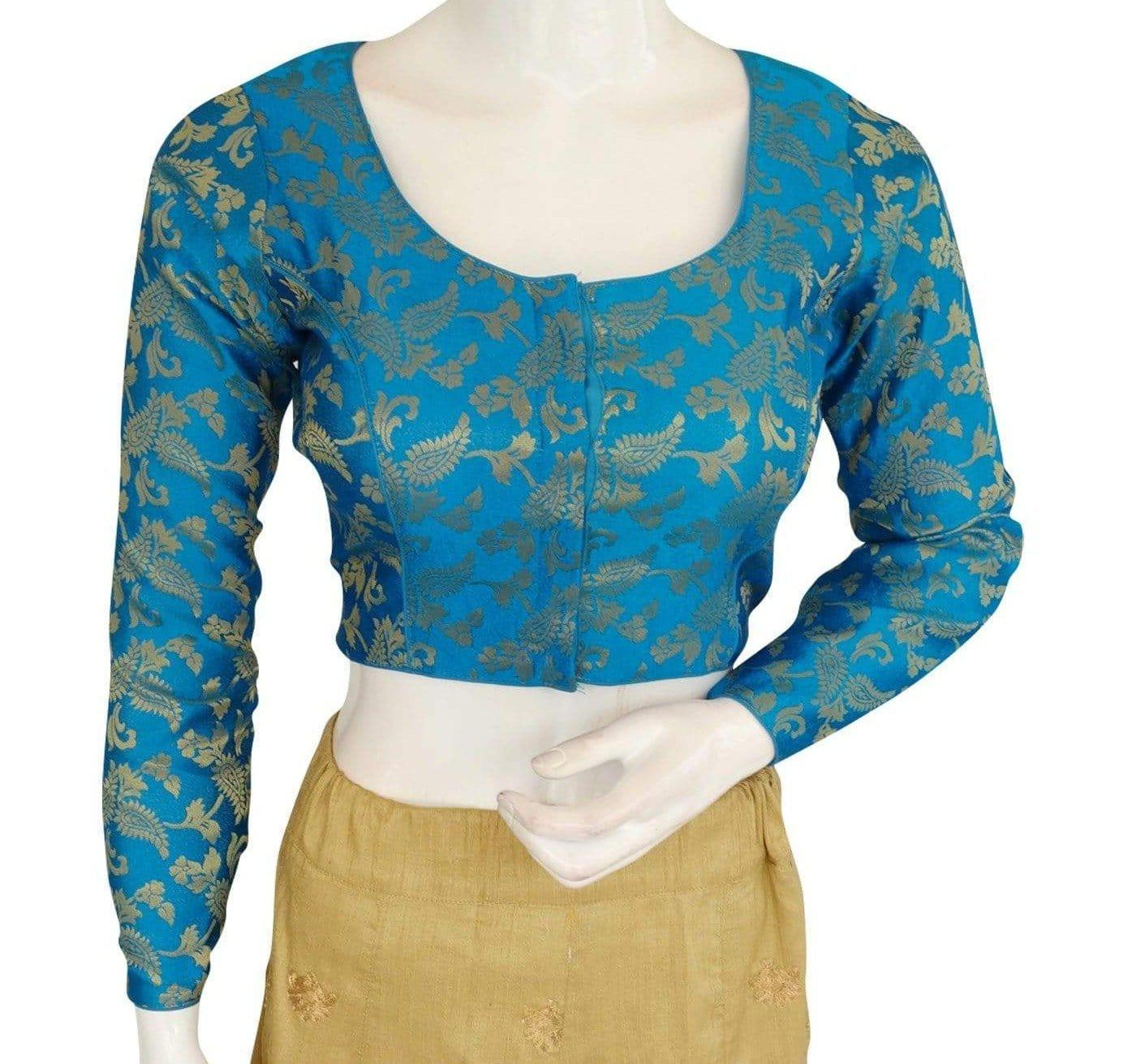 blue color brocade silk designer readymade blouse with full sleeves