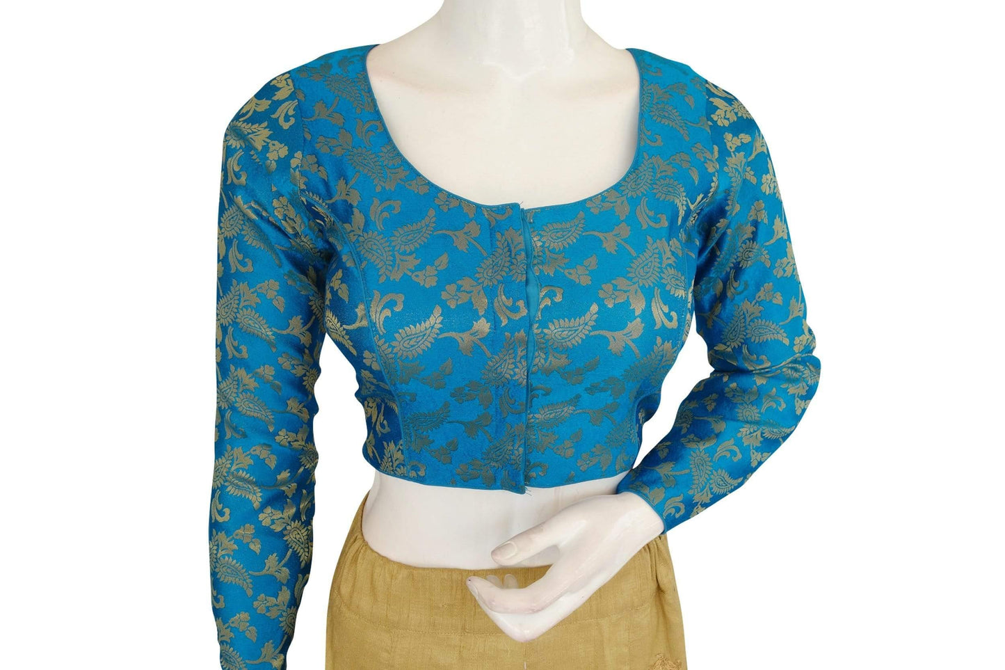 blue color brocade silk designer readymade blouse with full sleeves