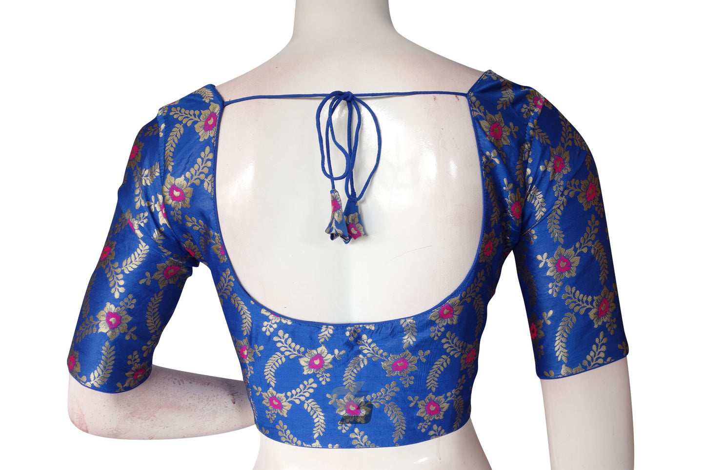 Blue Color Banaras Brocade Silk Readymade Saree Blouse With Matching Mask
