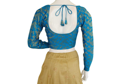 blue color brocade silk designer readymade blouse with full sleeves