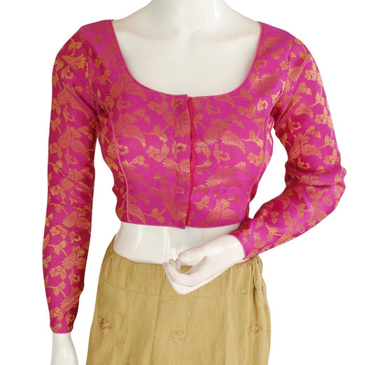 pink color brocade silk designer readymade blouse with full sleeves