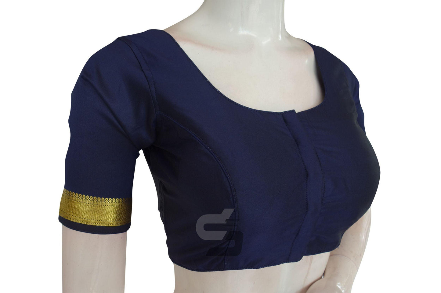Navy Blue Color Semi Silk Readymade Saree Blouse With Border Sleeves - D3blouses