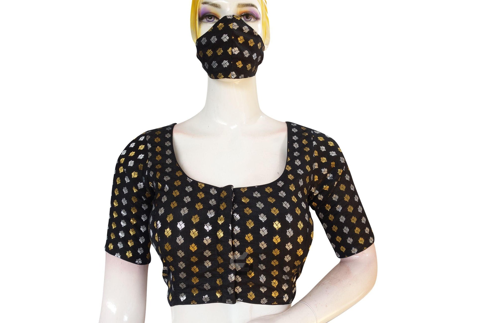 Black Color Brocade Silk Readymade Saree Blouse With Matching Mask - D3blouses