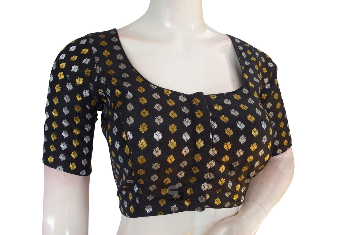 Black Color Brocade Silk Readymade Saree Blouse With Matching Mask - D3blouses