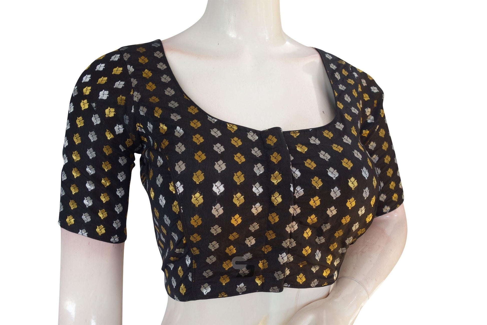 Black Color Brocade Silk Readymade Saree Blouse With Matching Mask - D3blouses