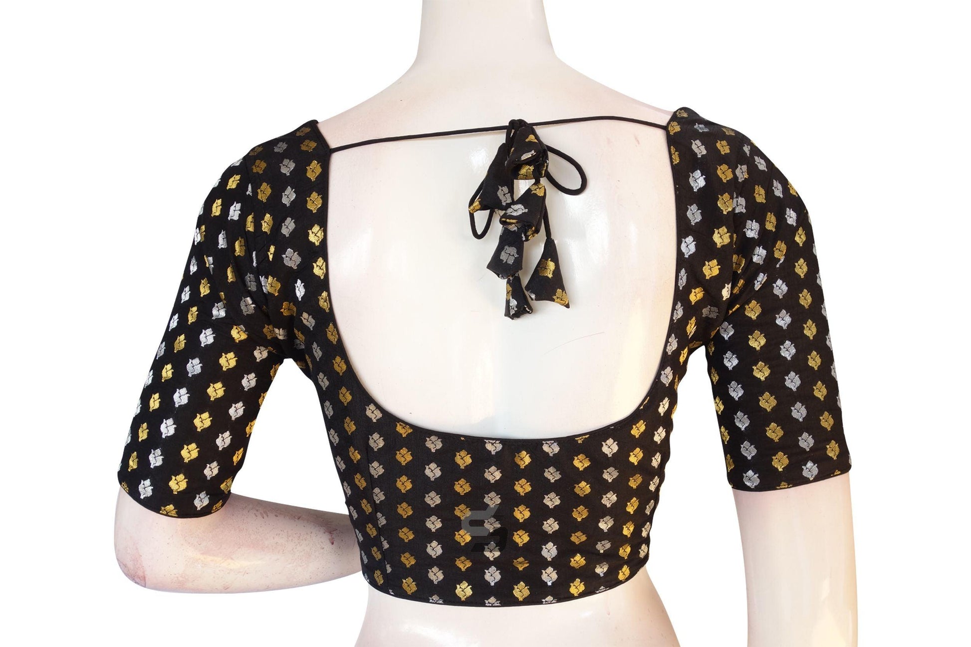 Black Color Brocade Silk Readymade Saree Blouse With Matching Mask - D3blouses