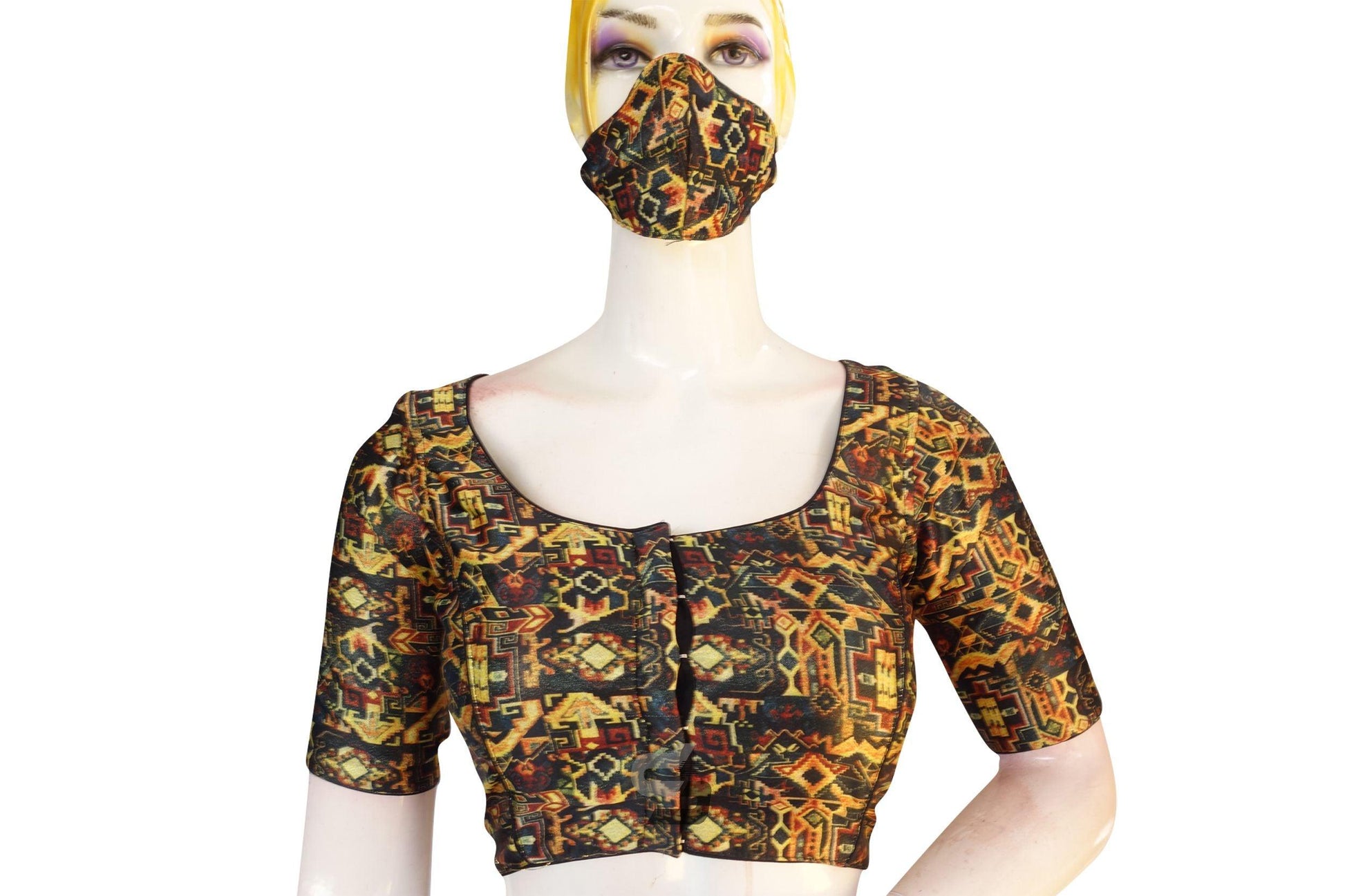 Black Multi Color Satin Readymade Saree Blouse with Matching Face Mask. - D3blouses