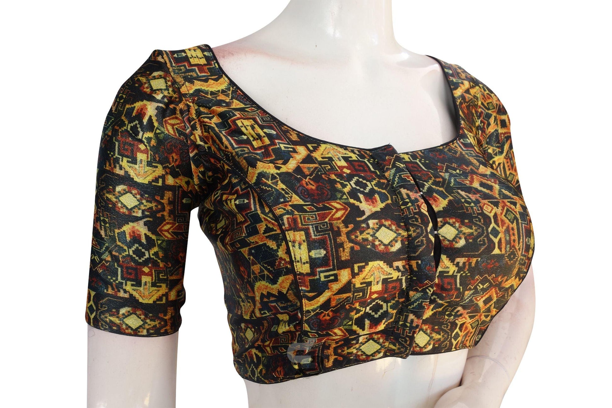 Black Multi Color Satin Readymade Saree Blouse with Matching Face Mask. - D3blouses
