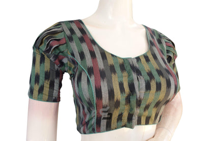 Black Multi Color Ikkat Cotton Designer Blouse With Puff Sleeves - D3blouses