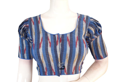 Navy Blue Multi Color Ikkat Cotton Designer Blouse With Puff Sleeves - D3blouses