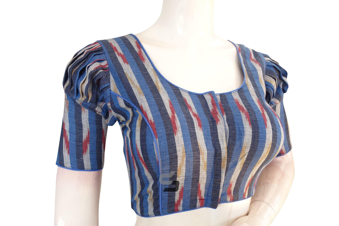 Navy Blue Multi Color Ikkat Cotton Designer Blouse With Puff Sleeves - D3blouses