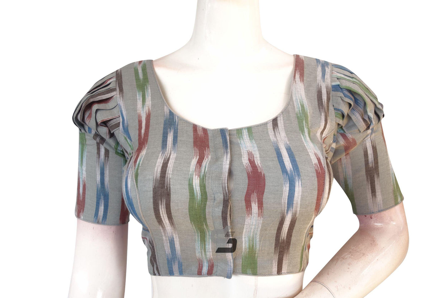 Grey Multi Color Ikkat Cotton Designer Blouse With Puff Sleeves - D3blouses