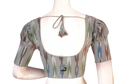 Grey Multi Color Ikkat Cotton Designer Blouse With Puff Sleeves - D3blouses