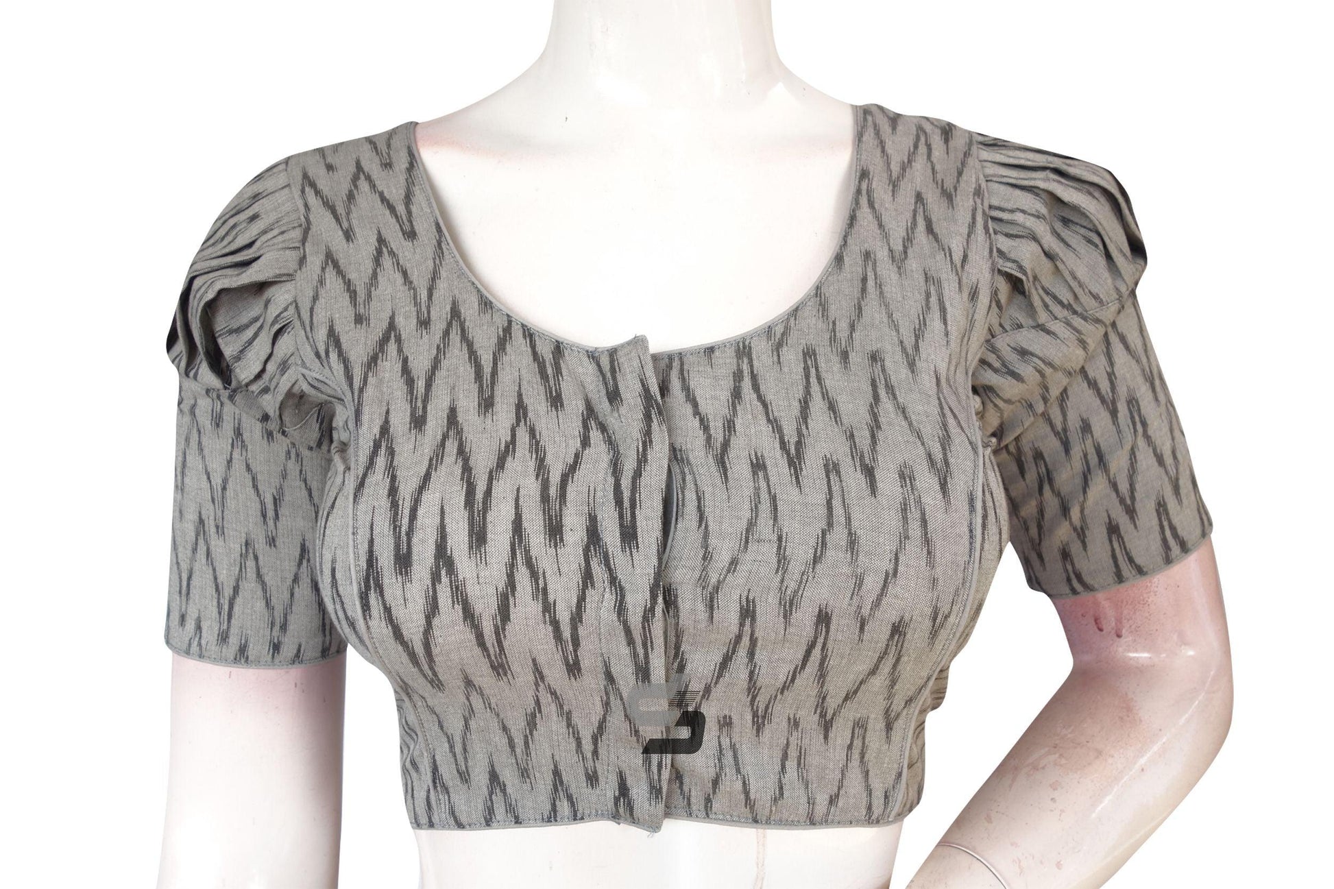 Grey Color Ikkat Cotton Designer Blouse With Puff Sleeves - D3blouses
