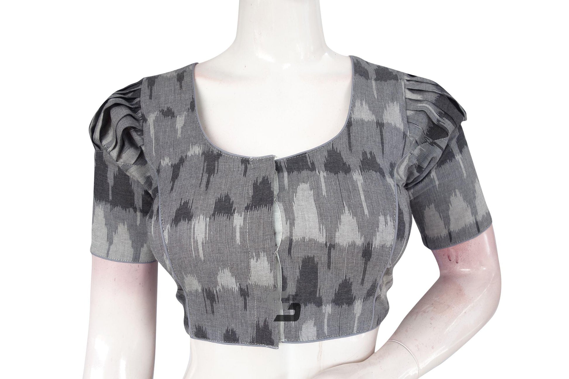 Grey Color Ikkat Cotton Designer Blouse With Puff Sleeves - D3blouses