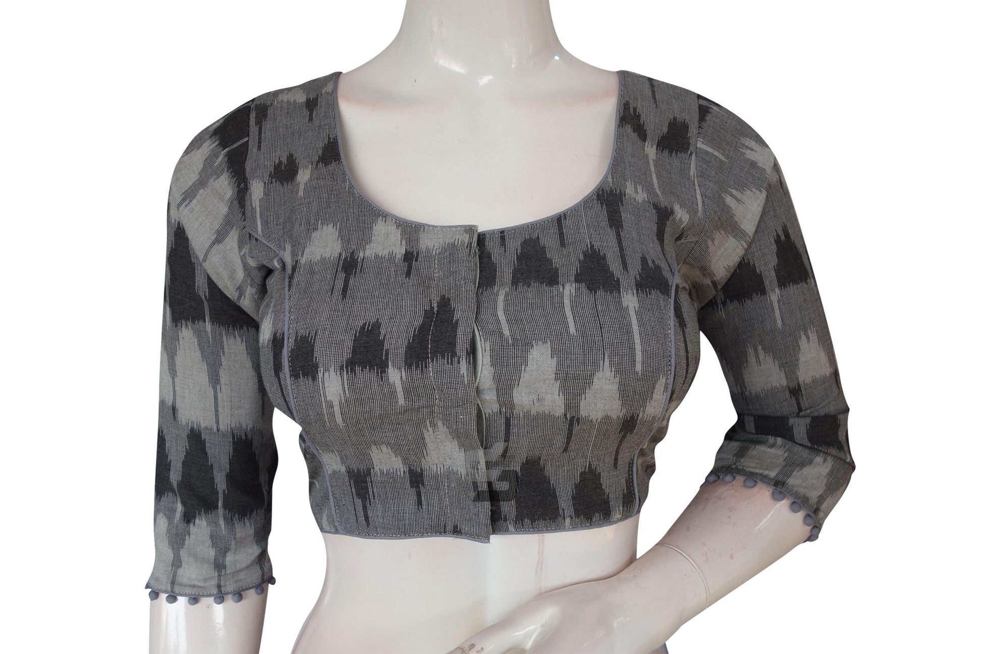 Grey Color Ikkat Cotton Readymade Saree Blouse With 3/4 th Sleeves - D3blouses