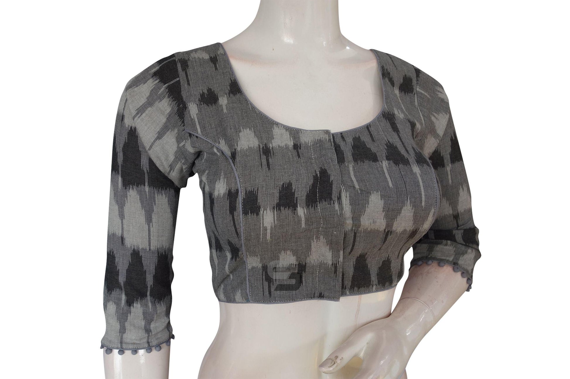 Grey Color Ikkat Cotton Readymade Saree Blouse With 3/4 th Sleeves - D3blouses