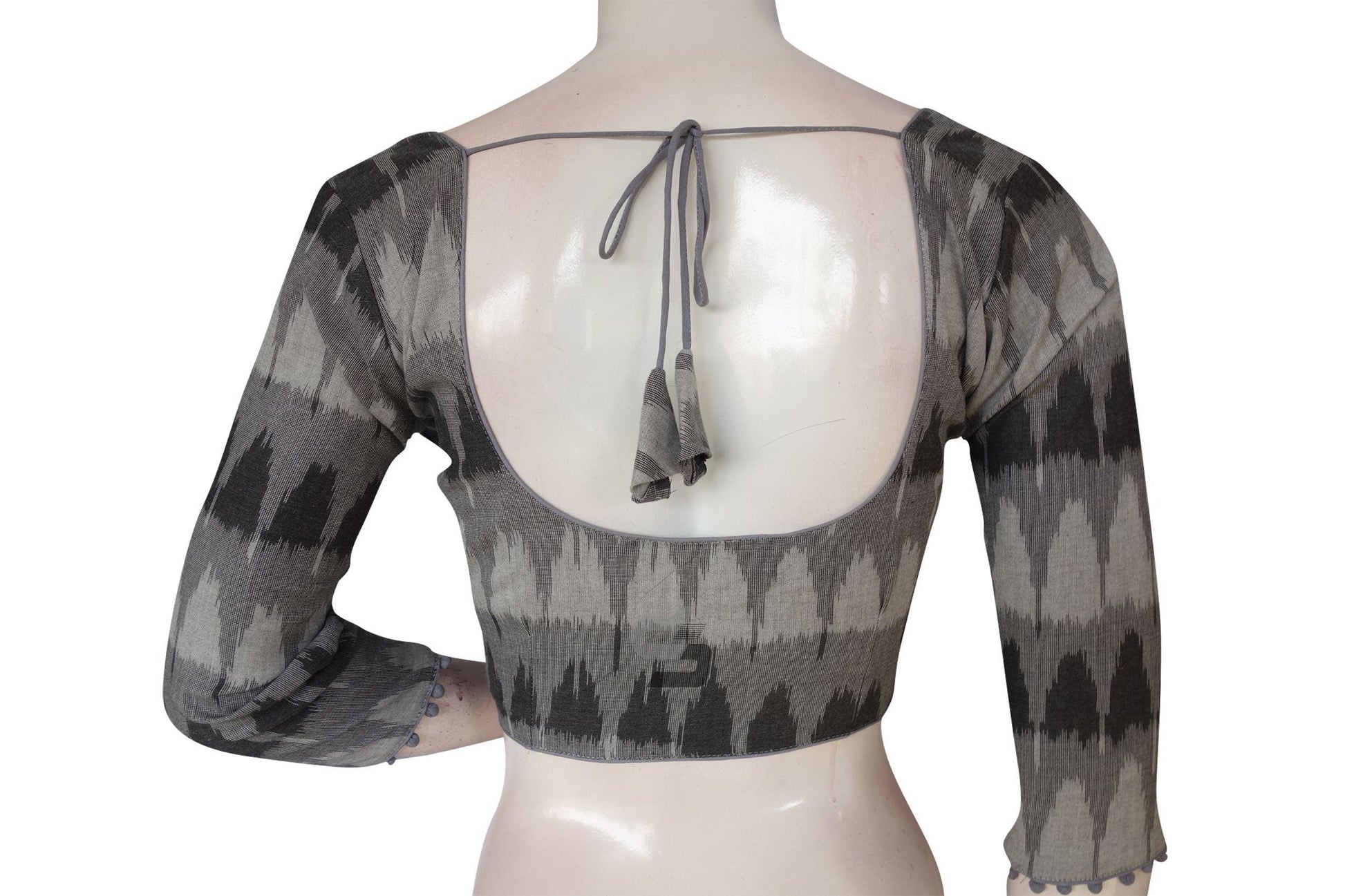 Grey Color Ikkat Cotton Readymade Saree Blouse With 3/4 th Sleeves - D3blouses