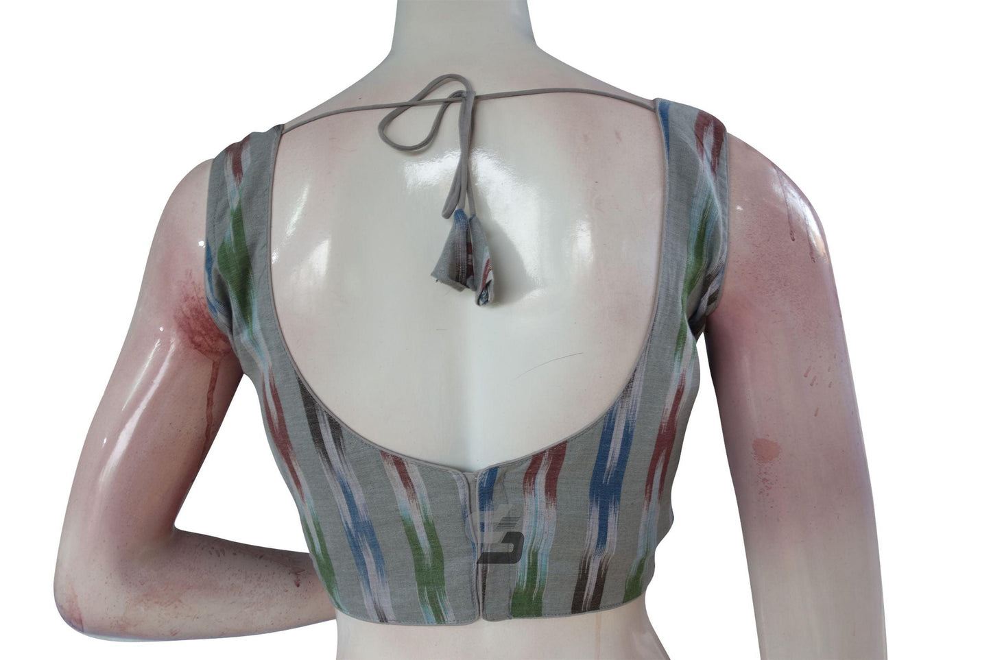 Grey Multi Color Ikkat Designer Readymade Saree Blouse - D3blouses