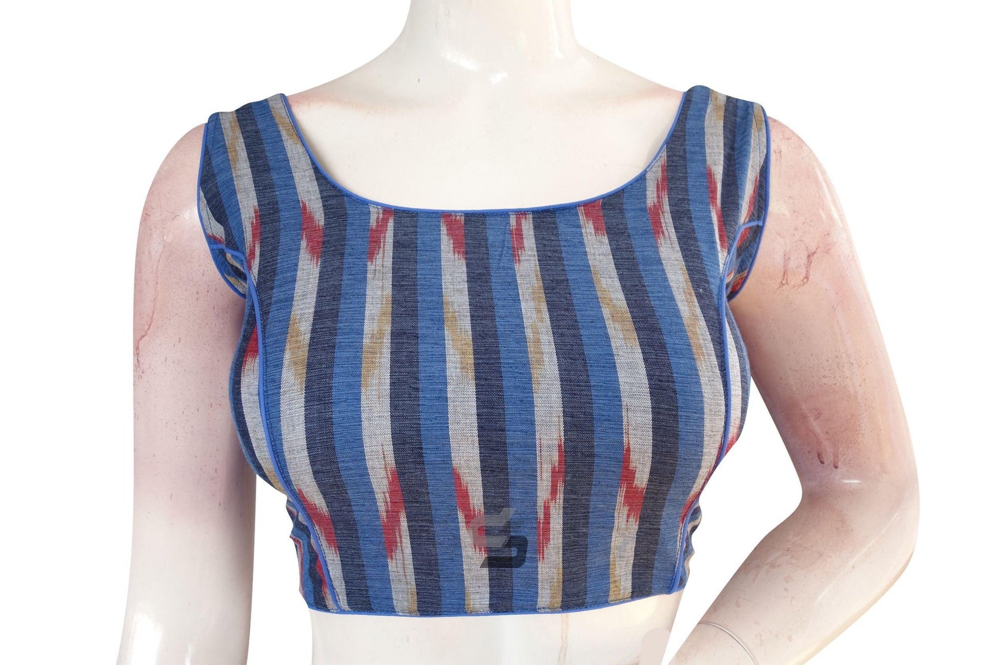 Navy Blue Multi Color Ikkat Designer Readymade Saree Blouse - D3blouses