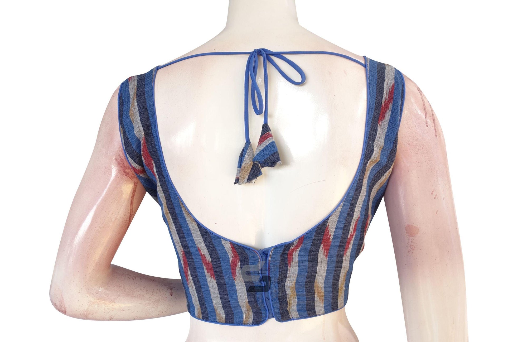 Navy Blue Multi Color Ikkat Designer Readymade Saree Blouse - D3blouses