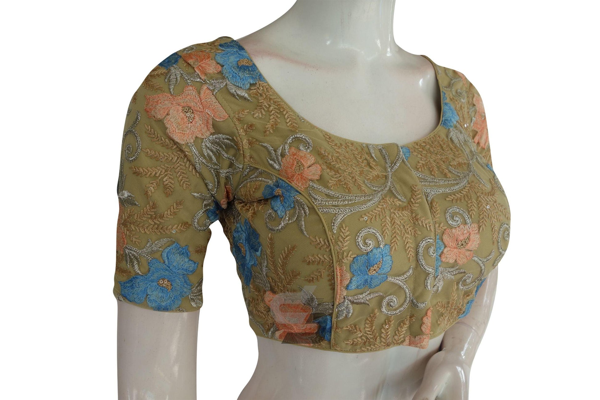 Beige Color Netted Embroidery Designer Saree Blouse - D3blouses