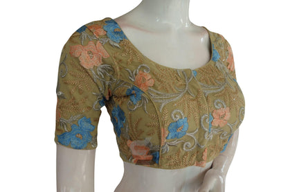 Beige Color Netted Embroidery Designer Saree Blouse - D3blouses