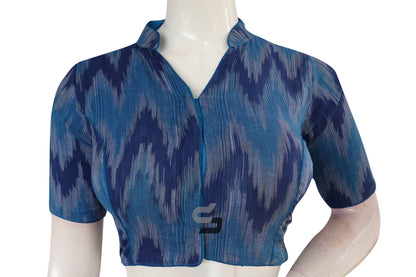 Chic Blue Multi-Color Ikkat Cotton Designer Blouse With Collar - Versatile Style