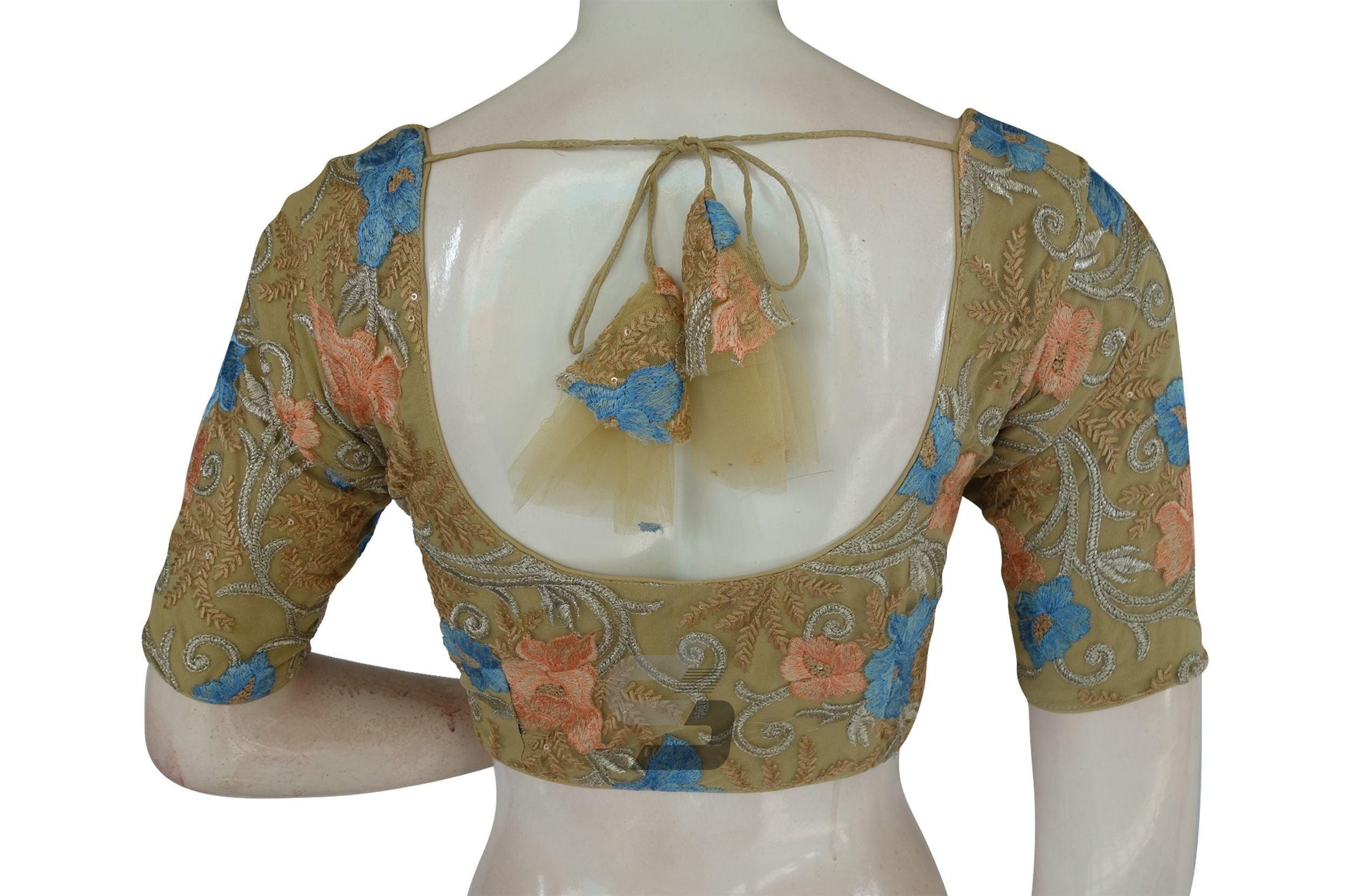 Beige Color Netted Embroidery Designer Saree Blouse - D3blouses