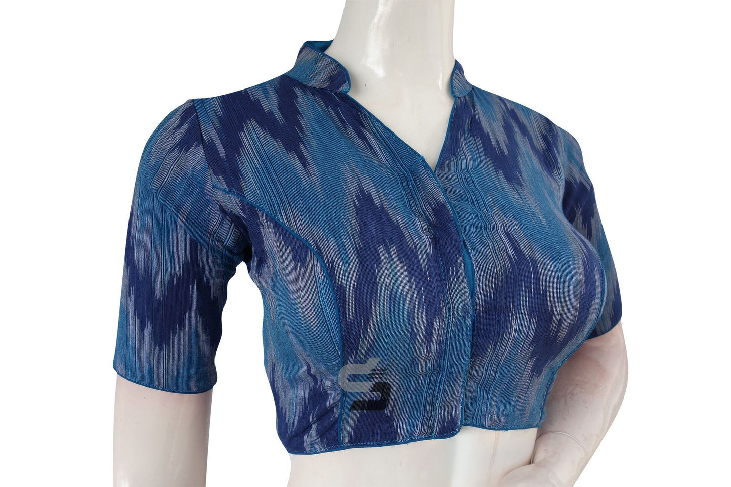 Chic Blue Multi-Color Ikkat Cotton Designer Blouse With Collar - Versatile Style