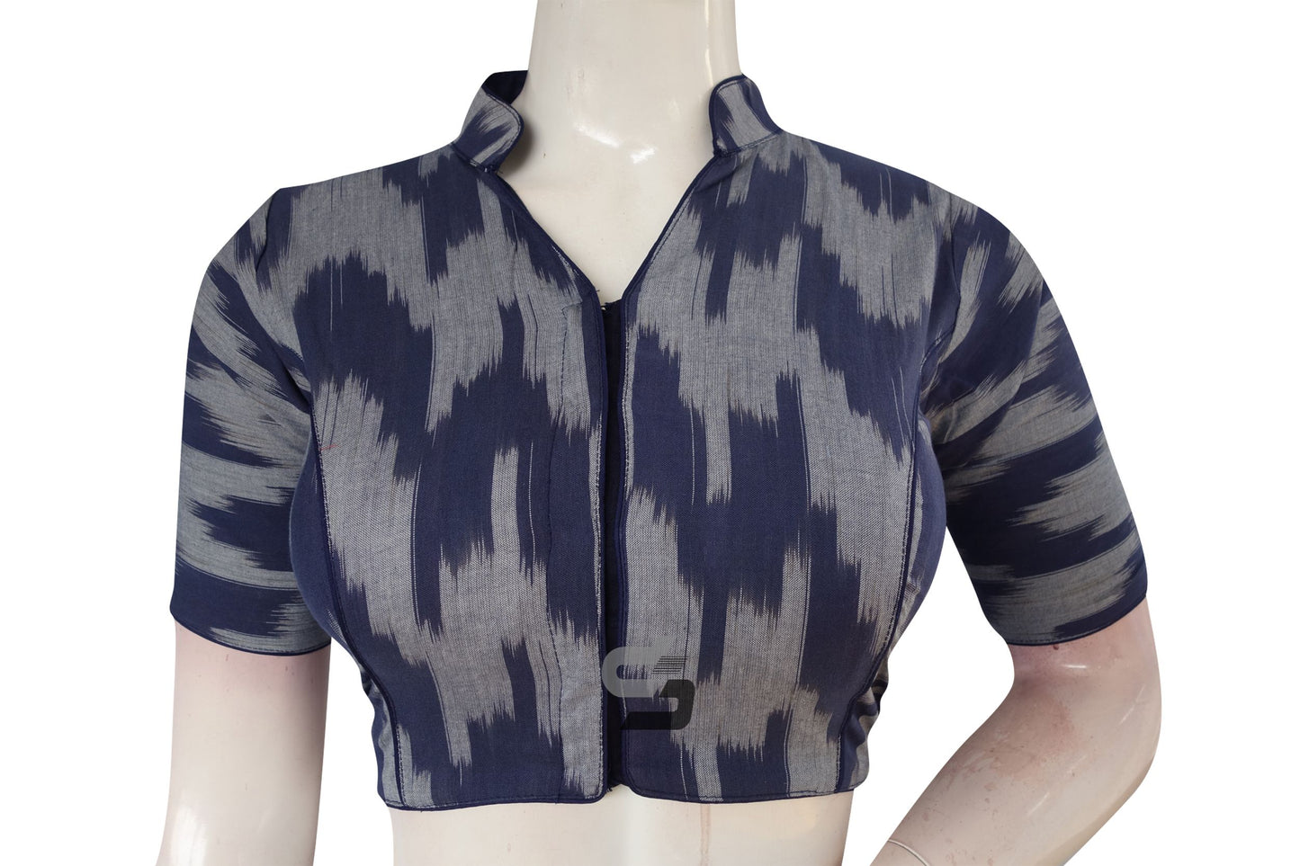 Navy Blue Color Ikkat Cotton Designer Blouse With Collar