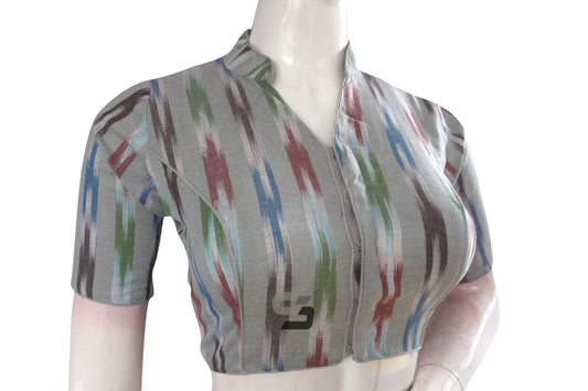 Elevate Your Style with a Grey Multi-Color Ikkat Cotton Designer Blouse with Collar