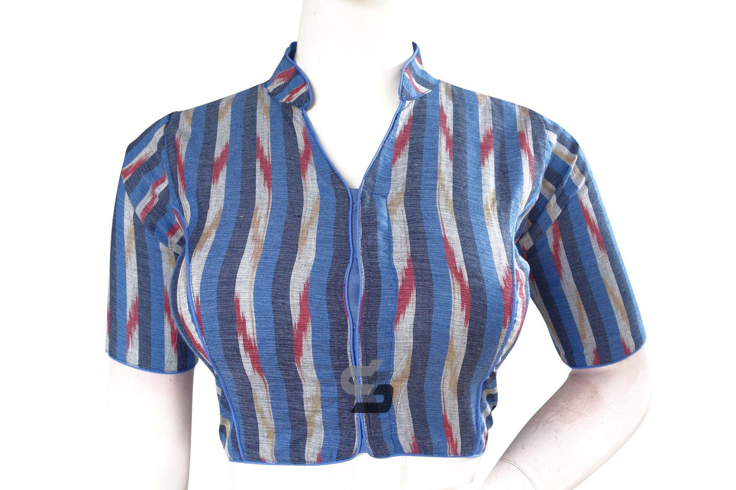 Stunning Navy Blue Multi-Color Ikkat Cotton Designer Blouse with Collar - D3blouses