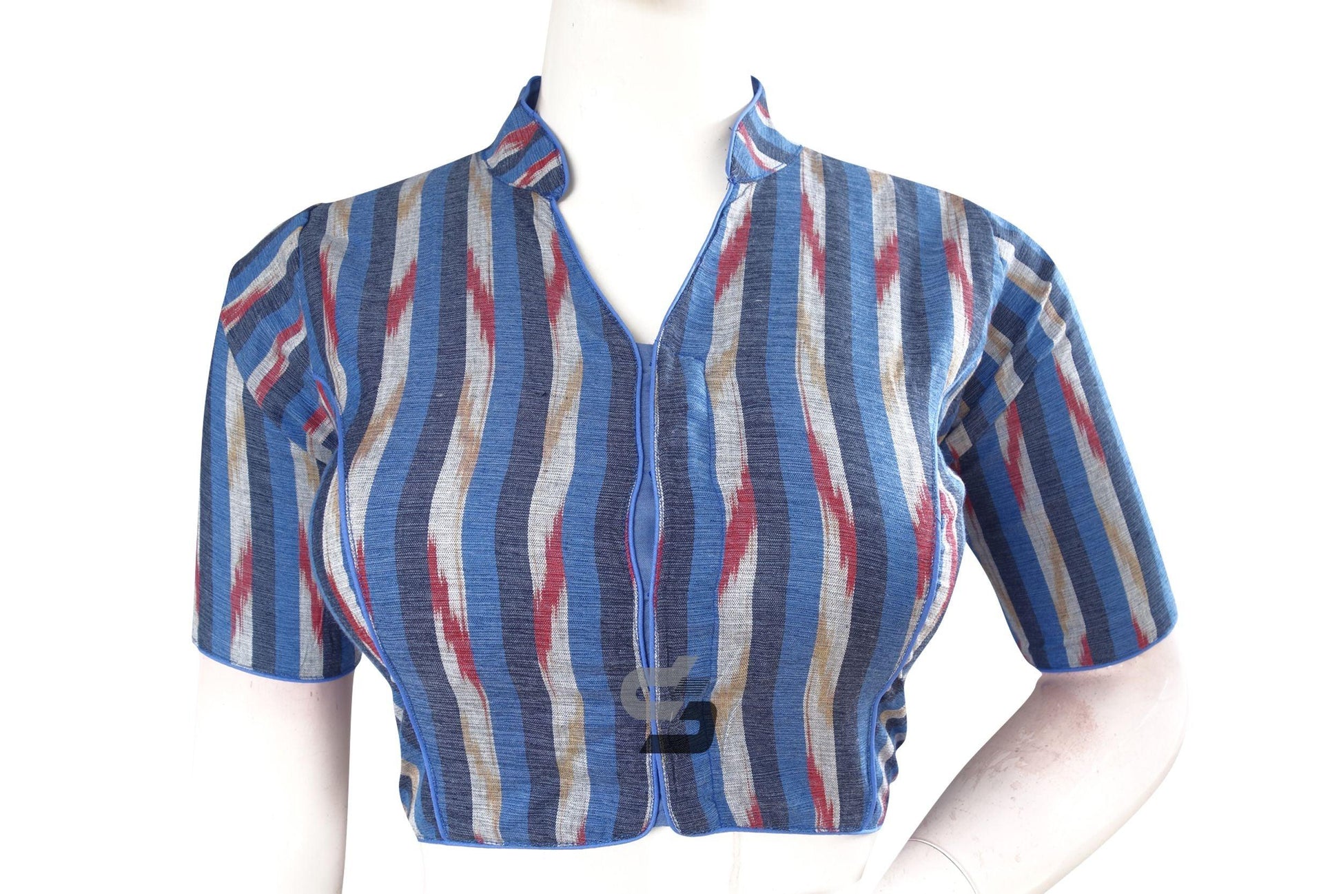 Stunning Navy Blue Multi-Color Ikkat Cotton Designer Blouse with Collar - D3blouses