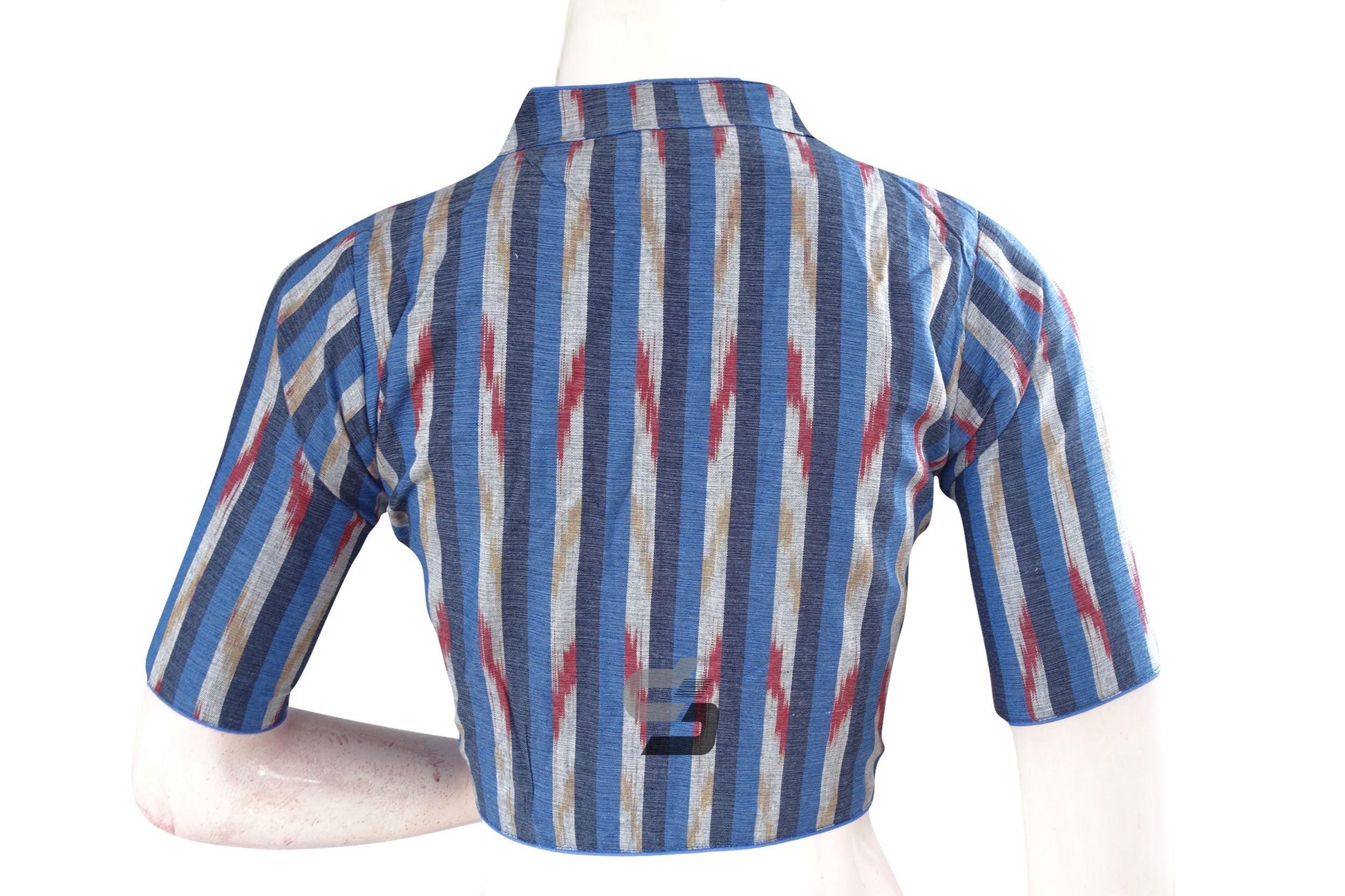 Stunning Navy Blue Multi-Color Ikkat Cotton Designer Blouse with Collar - D3blouses