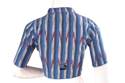 Stunning Navy Blue Multi-Color Ikkat Cotton Designer Blouse with Collar - D3blouses