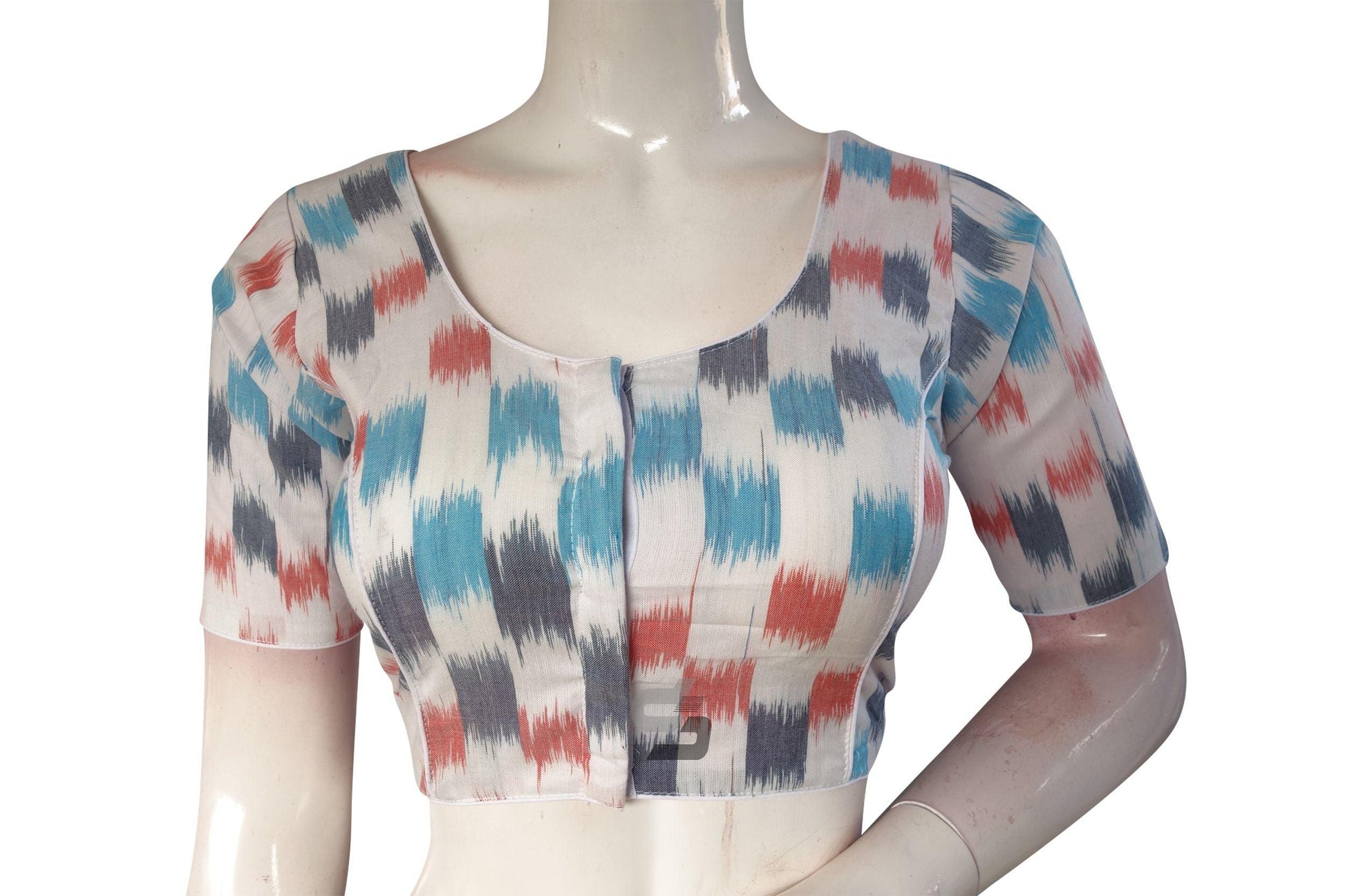 White Multi Color Ikkat Cotton Readymade Saree Blouse - D3blouses