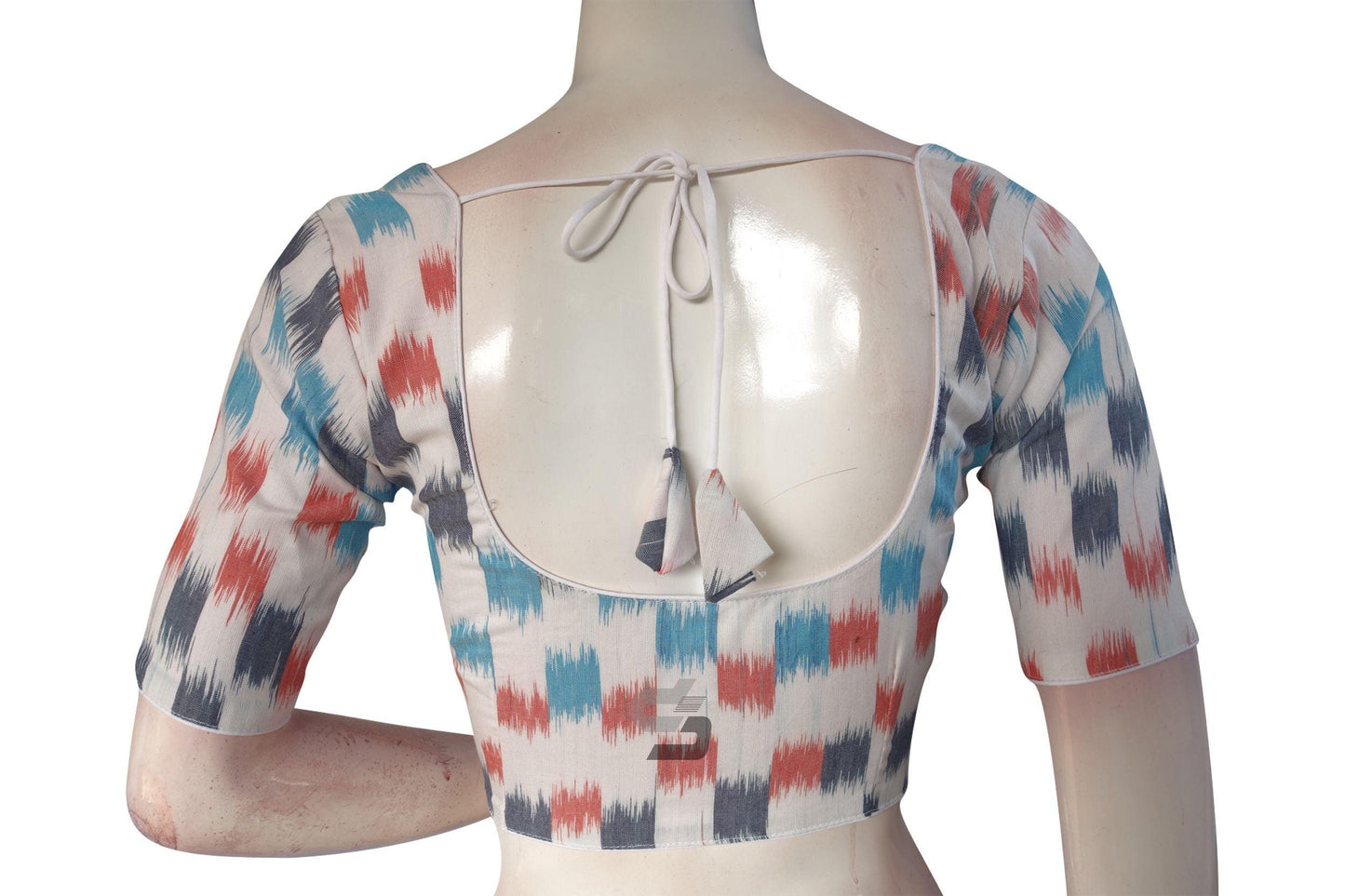 White Multi Color Ikkat Cotton Readymade Saree Blouse - D3blouses