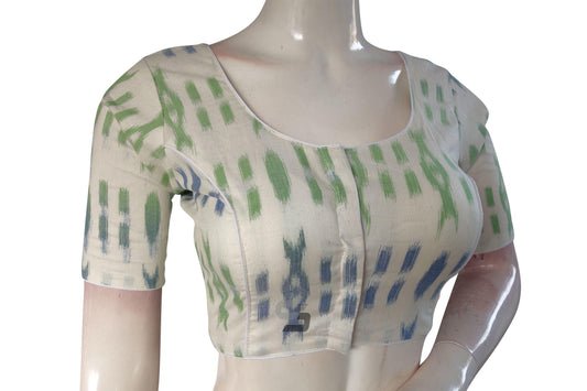 White Color Ikkat Cotton Readymade Saree Blouse - D3blouses