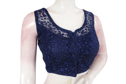 Navy Blue Color Netted Embroidery Designer Readymade Blouse - D3blouses