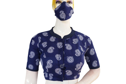 Indigo Color Cotton Designer Collar Neck Readymade Blouse With Matching Mask - D3blouses