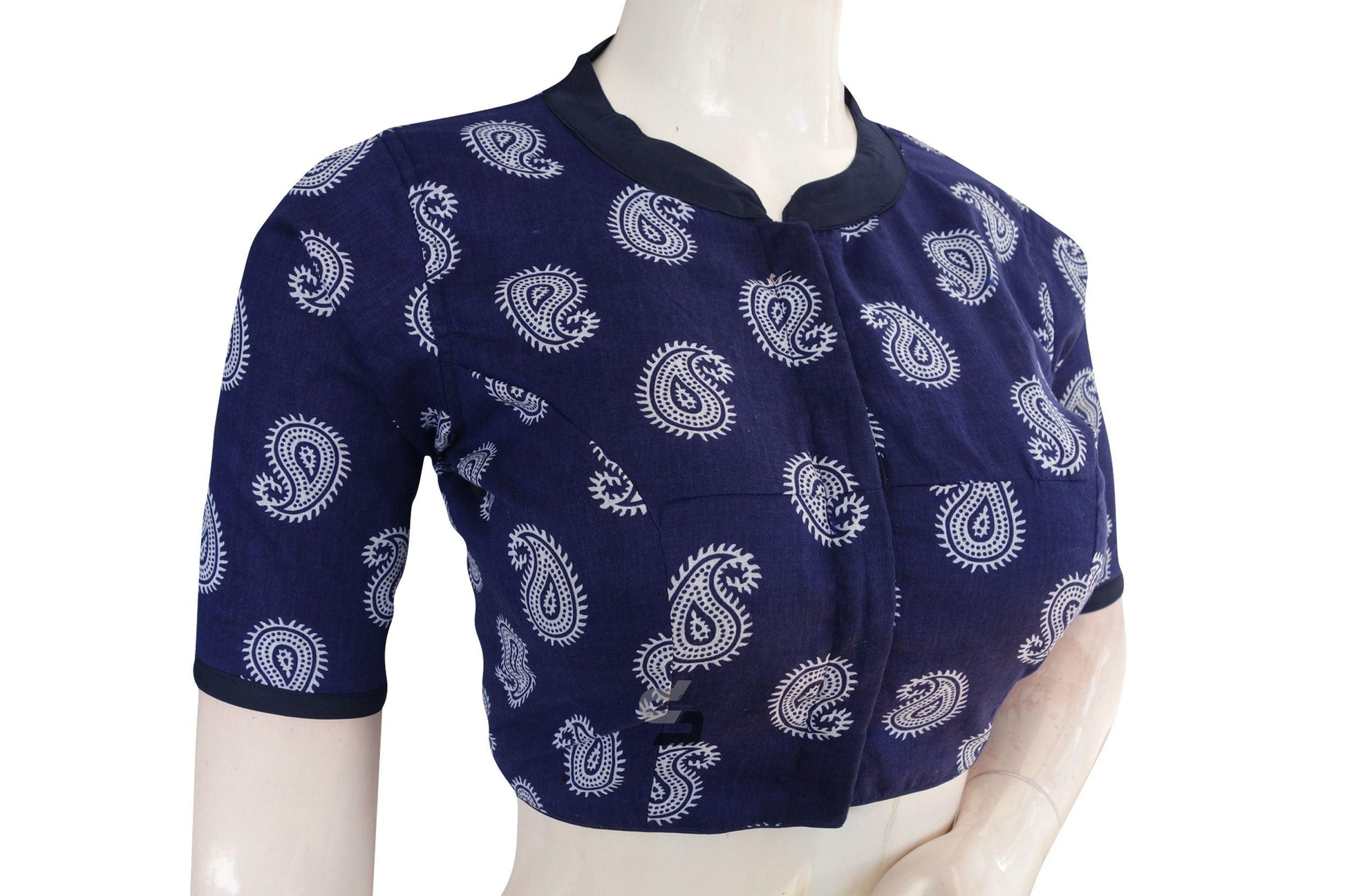 Indigo Color Cotton Designer Collar Neck Readymade Blouse With Matching Mask - D3blouses