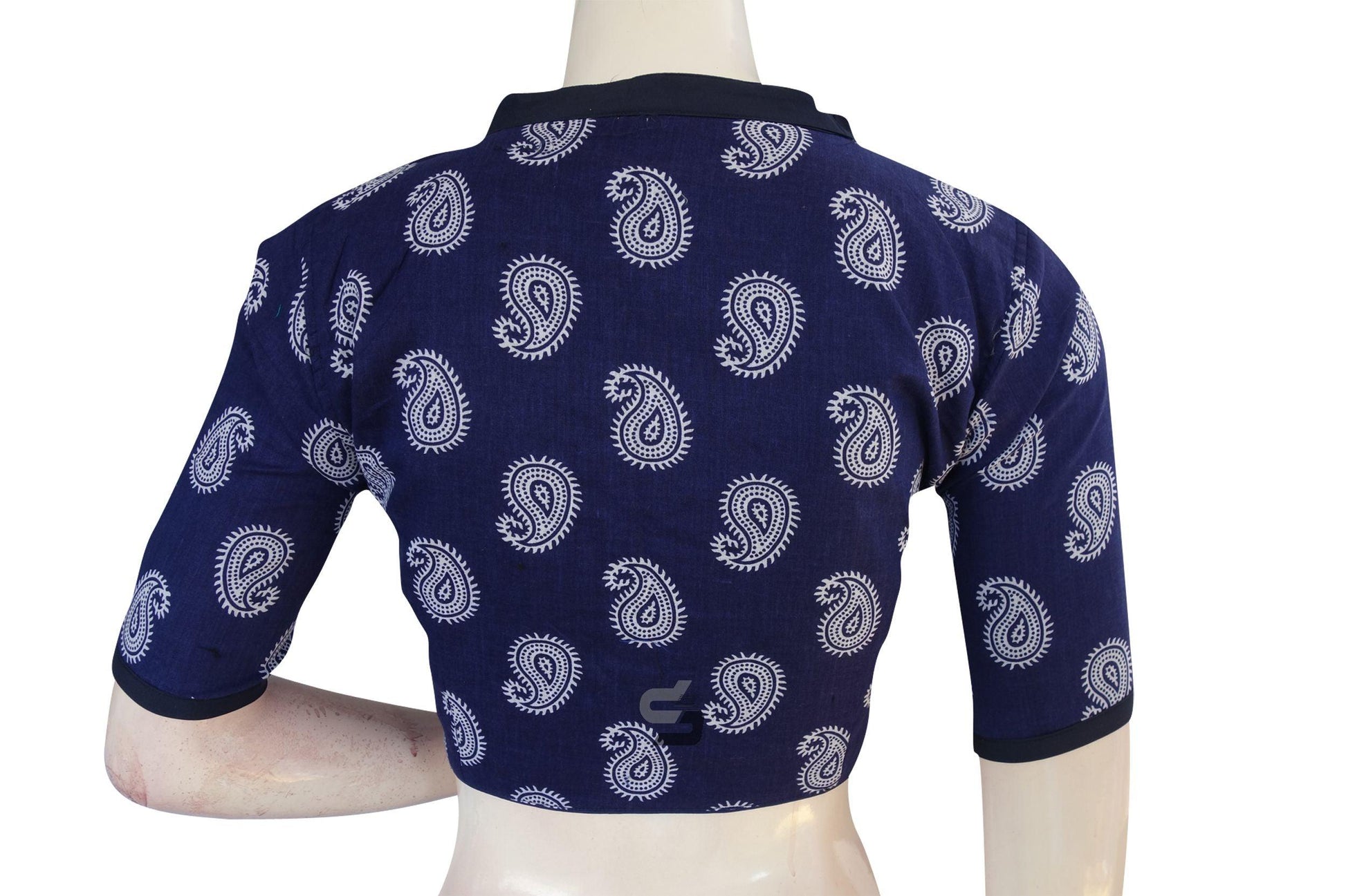 Indigo Color Cotton Designer Collar Neck Readymade Blouse With Matching Mask - D3blouses