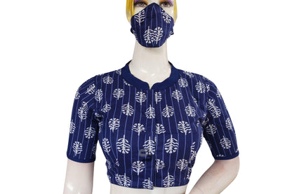 Indigo Color Cotton Designer Collar Neck Readymade Blouse With Matching Mask - D3blouses