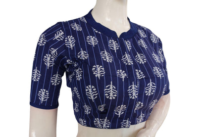 Indigo Color Cotton Designer Collar Neck Readymade Blouse With Matching Mask - D3blouses