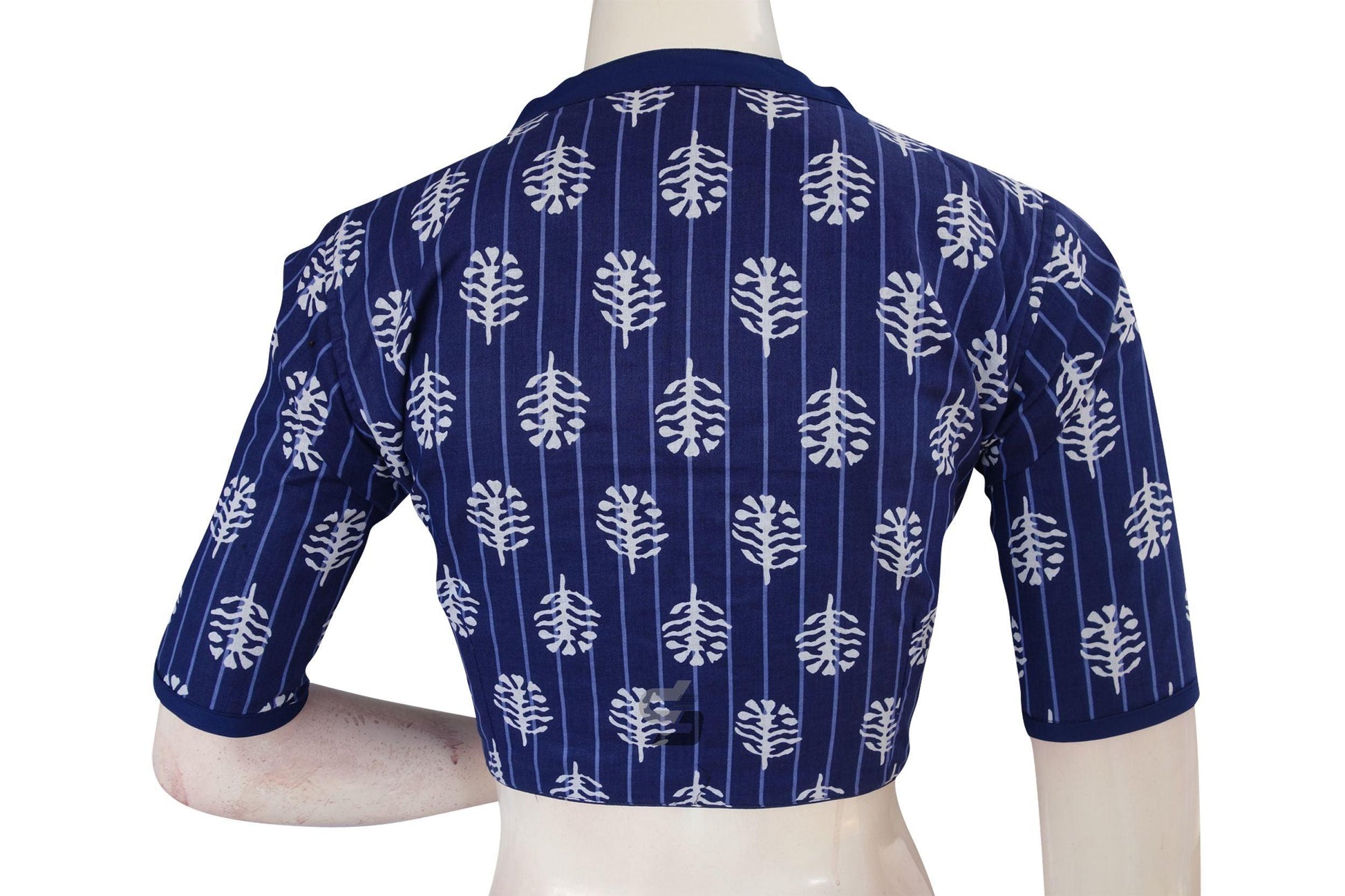 Indigo Color Cotton Designer Collar Neck Readymade Blouse With Matching Mask - D3blouses