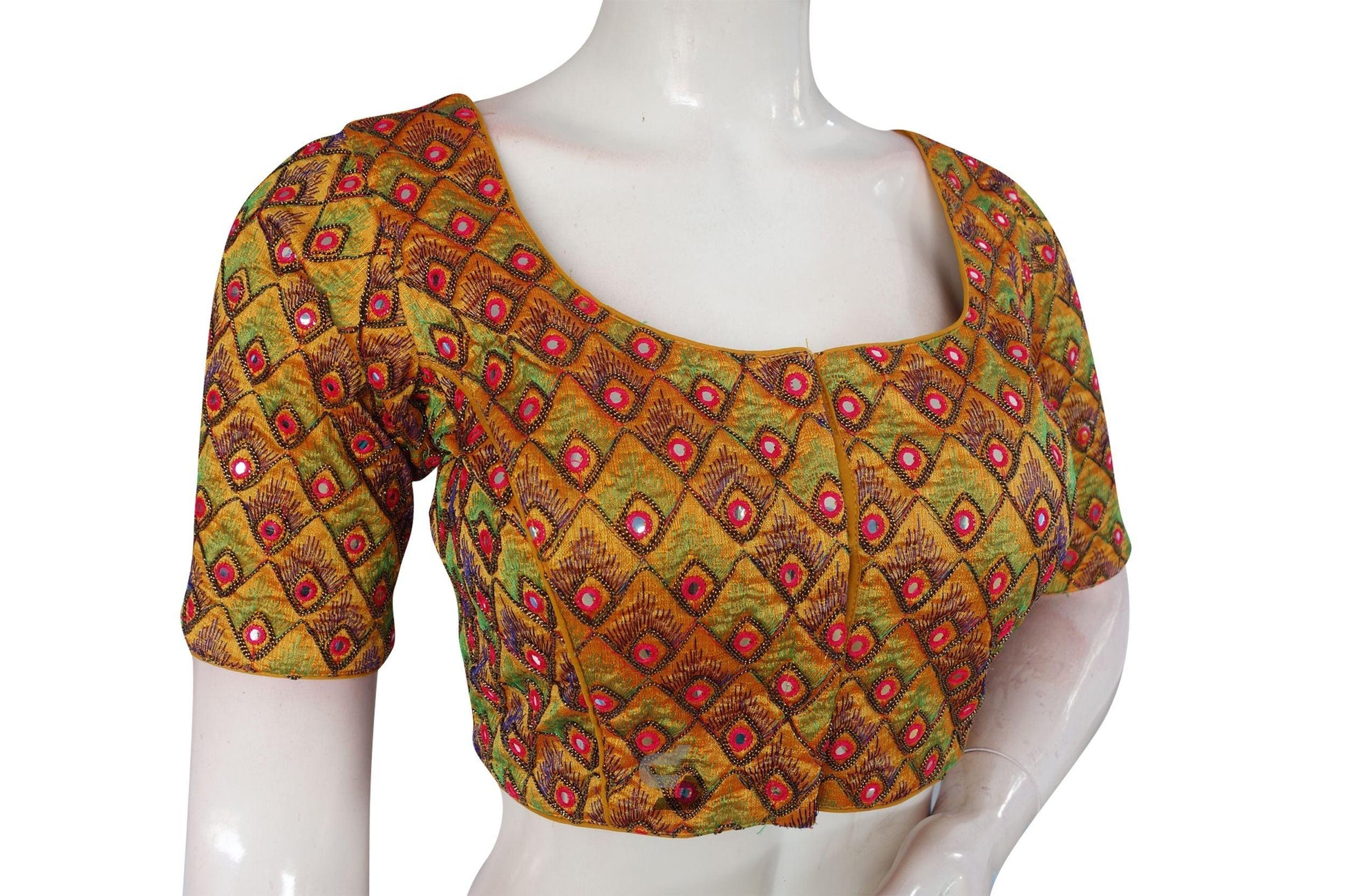 Mustard Color Peacock Embroidery Foil Mirror Readymade Saree Blouse With Matching Mask - D3blouses